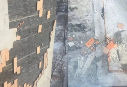 Астанада екпіні күшті жел салдарынан тоғыз қабатты үйдің қасбеті құлады (видео)